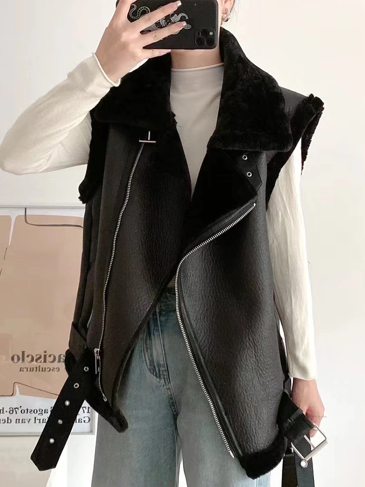 Ailegogo Autumn Winter Women Loose Thick Warm Faux Leather Fur Vest with Belt Streetwear Female Moto Biker Sleeveless Waistcoat