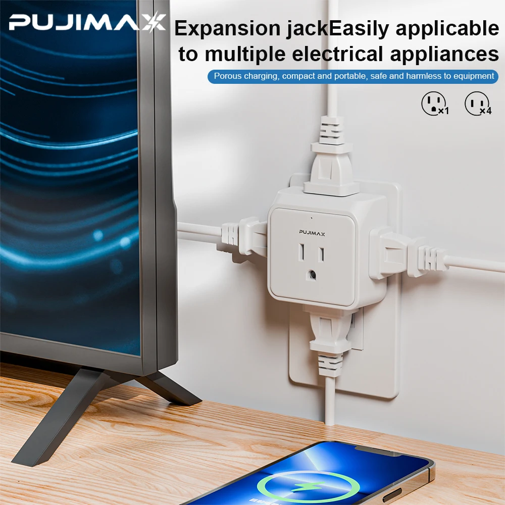 PUJIMAX 2PCS US Plug Multitap Power Strip AC Outlet 5 Outlet 1PC 3 Prong+4PC 2 Prong Smart Home Surge Protector Network Filter