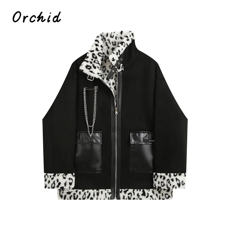 2023 American Retro Leopard Print Patchwork Mock Neck Chain Decorate Coat Women Flap Pocket Goth Punk Streetwear Warm Jacket Top