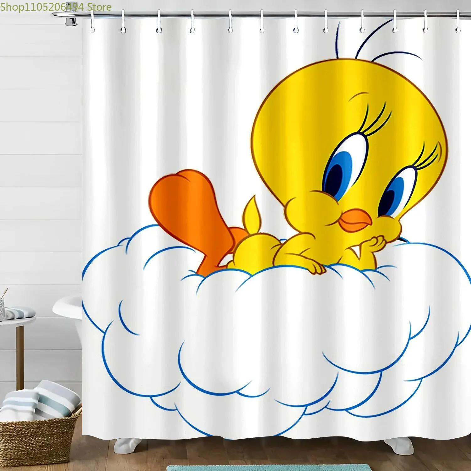 1 cortina de ducha de la marca WB Tweety Bird - Decoración de baño con licencia oficial con estampado de Tweety y Sylvester, alta calidad con 12 ganchos