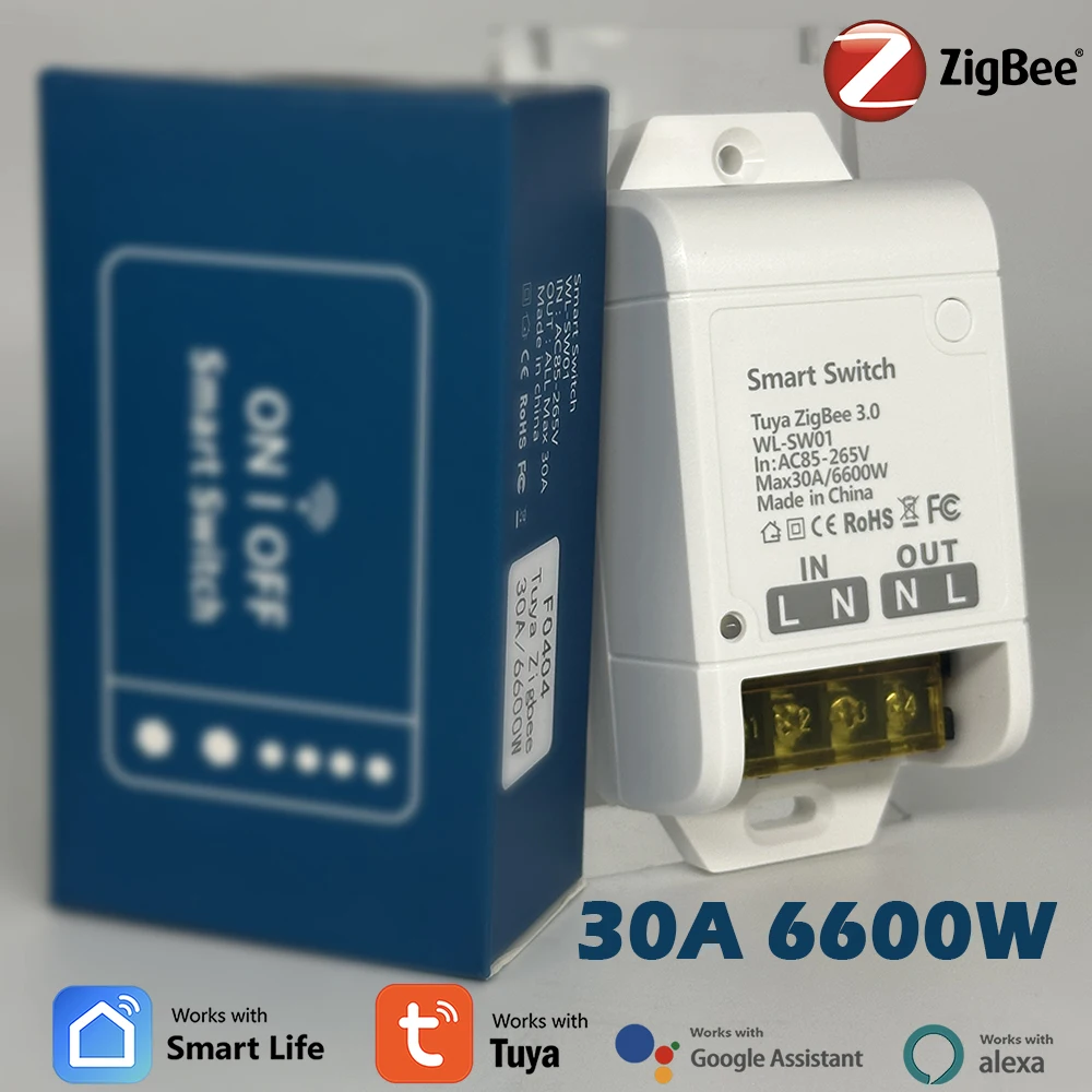 ZIGBEE Smart Switch Relay 30A 20A 6600W AC220V Home Automation Circuit Breaker Alexa for Smart Lights. Garage Door Opener. Motor