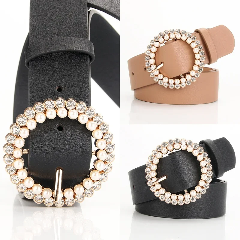 Elegant and Fashionable Women's PU Belt Pearl Alloy Buckle Intellectual Atmosphere Multiple Choice of Decorative Dress Belt