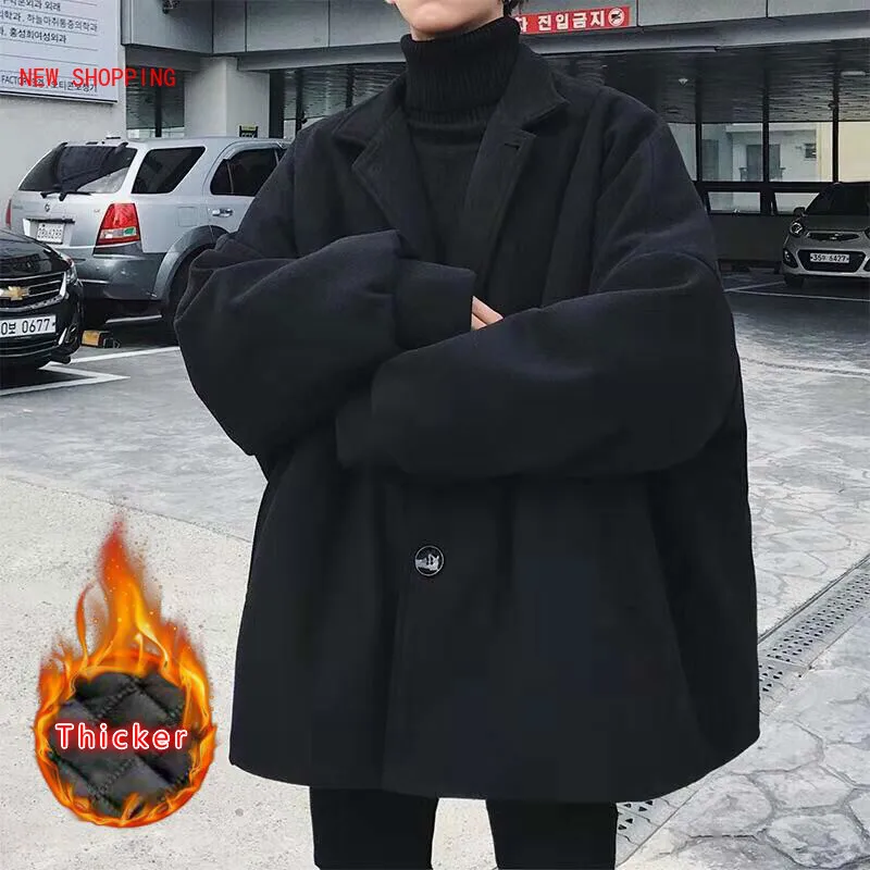 Harajuku Jacket Women Plus Size Black Woolen Coat Loose Oversized Winter Clothes Korean Streetwear Fashion Thick Blends Jackets