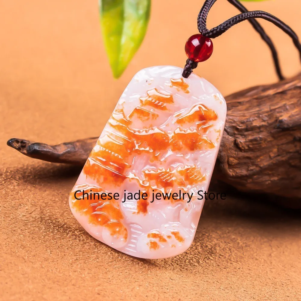 Ice Moist Floating Red Jadeite Hand Carved Landscape Pendant With Black Lucky