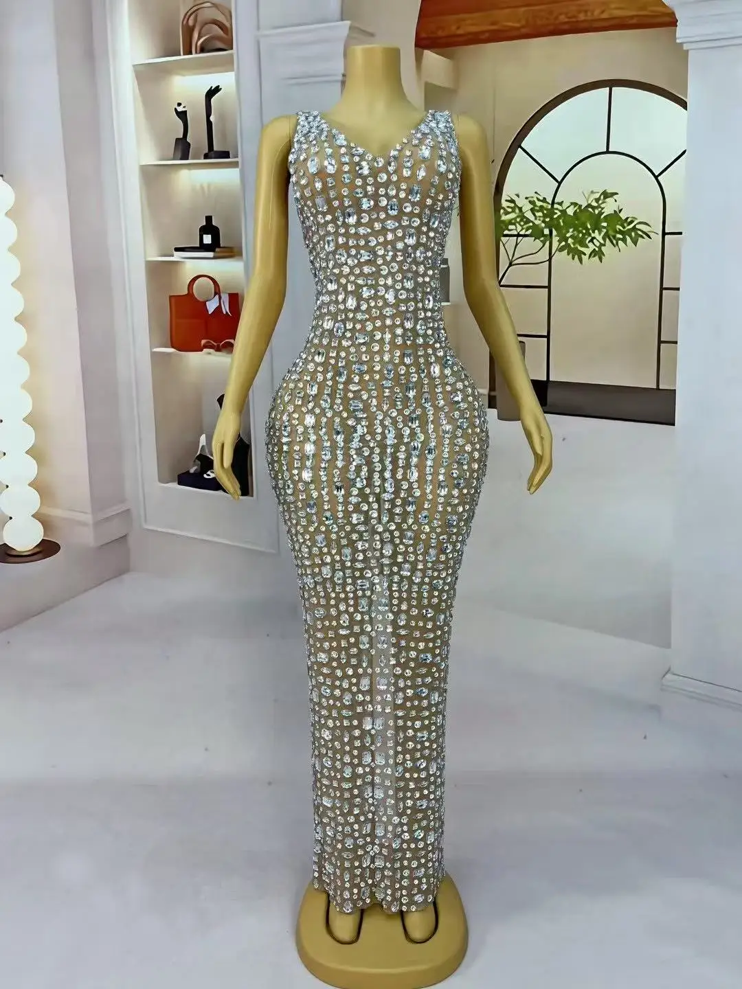 Seksowna, błyszcząca sukienka z siateczki z dżetami, na wieczór, urodziny, wesele, do świętowania, suknia na czerwony dywan, elegancka odzież sceniczna.