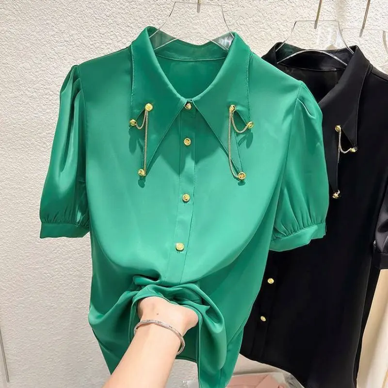 Female Clothing Fashion Chain Blouse Korean Irregular Turn-down Collar 2023 Summer Solid Color All-match Single-breasted Shirt