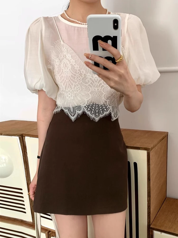 KUSAHIKI Korean Chic Summer Fake Two-piece Patchwork Lace Suspender Versatile Puff Sleeve Chiffon Shirt Top for Women