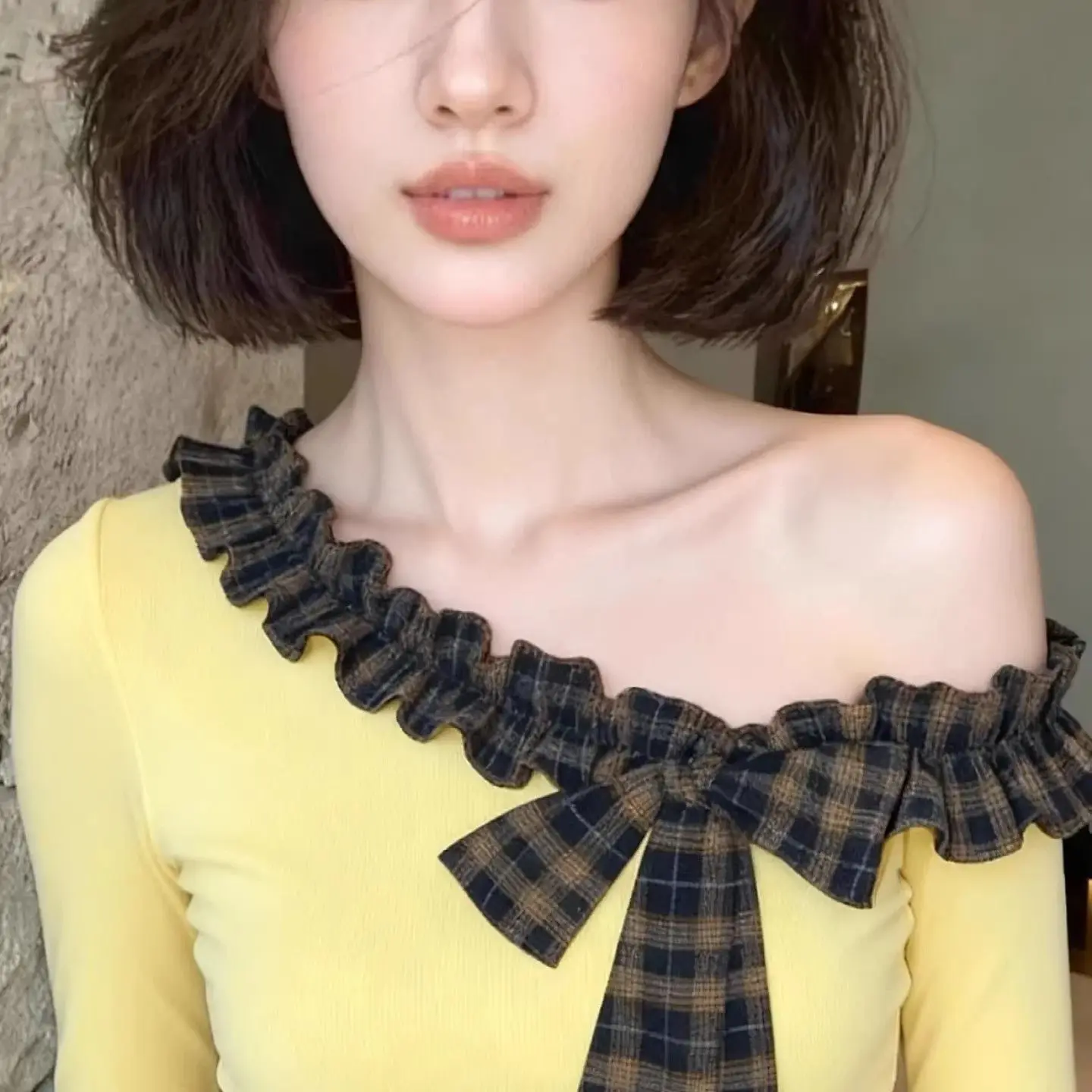 2026 Autumn New Lively Cute Patchwork Off Shoulder Long Sleeve T-Shirts Female Korean Fashion Plaid Slim Irregular Top Tee Women