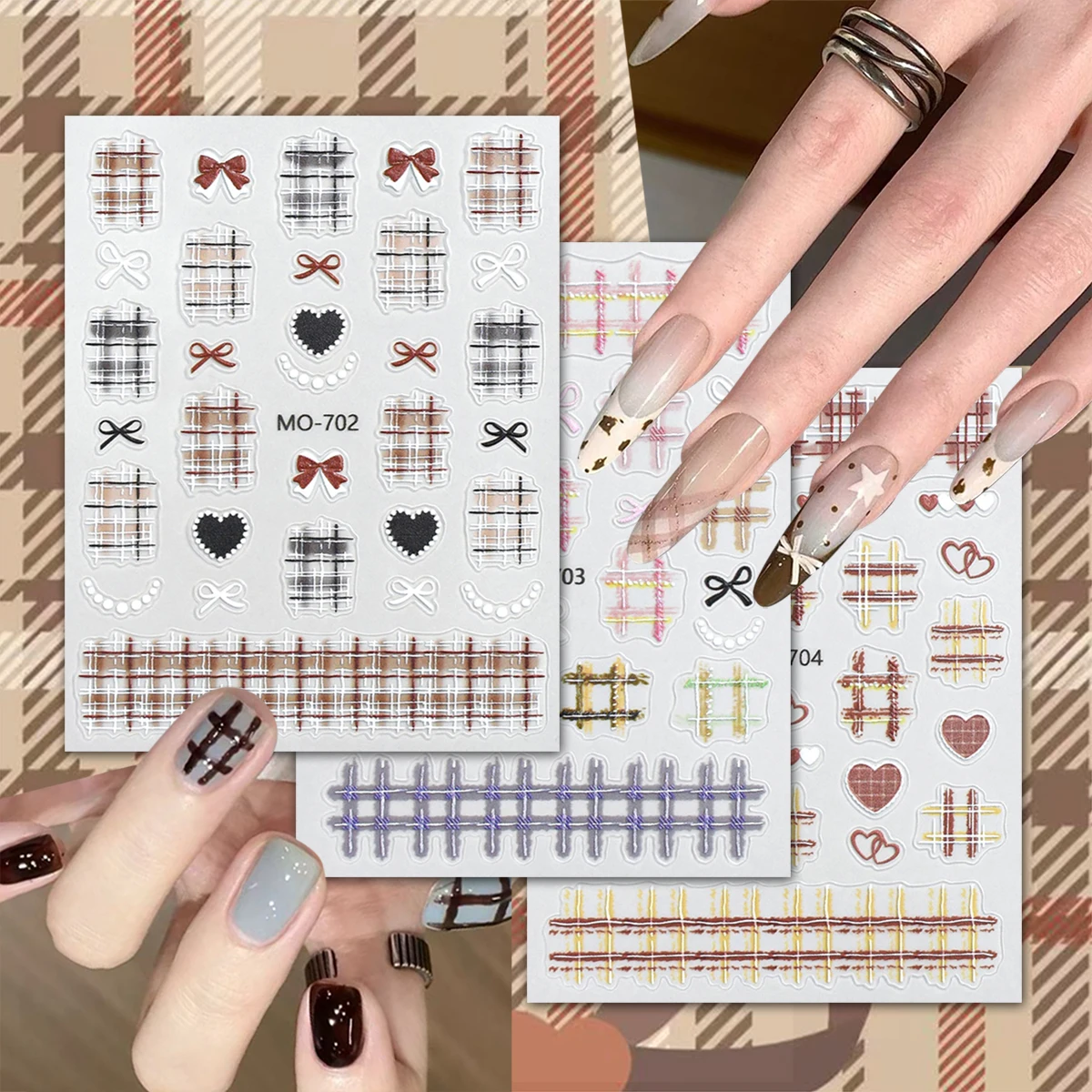 

3/6/12 Sheets Plaid Nail Art Stickers Set, Brown Beige White Checkered & Bow Heart Designs 5D Plaid Decals for DIY Nails
