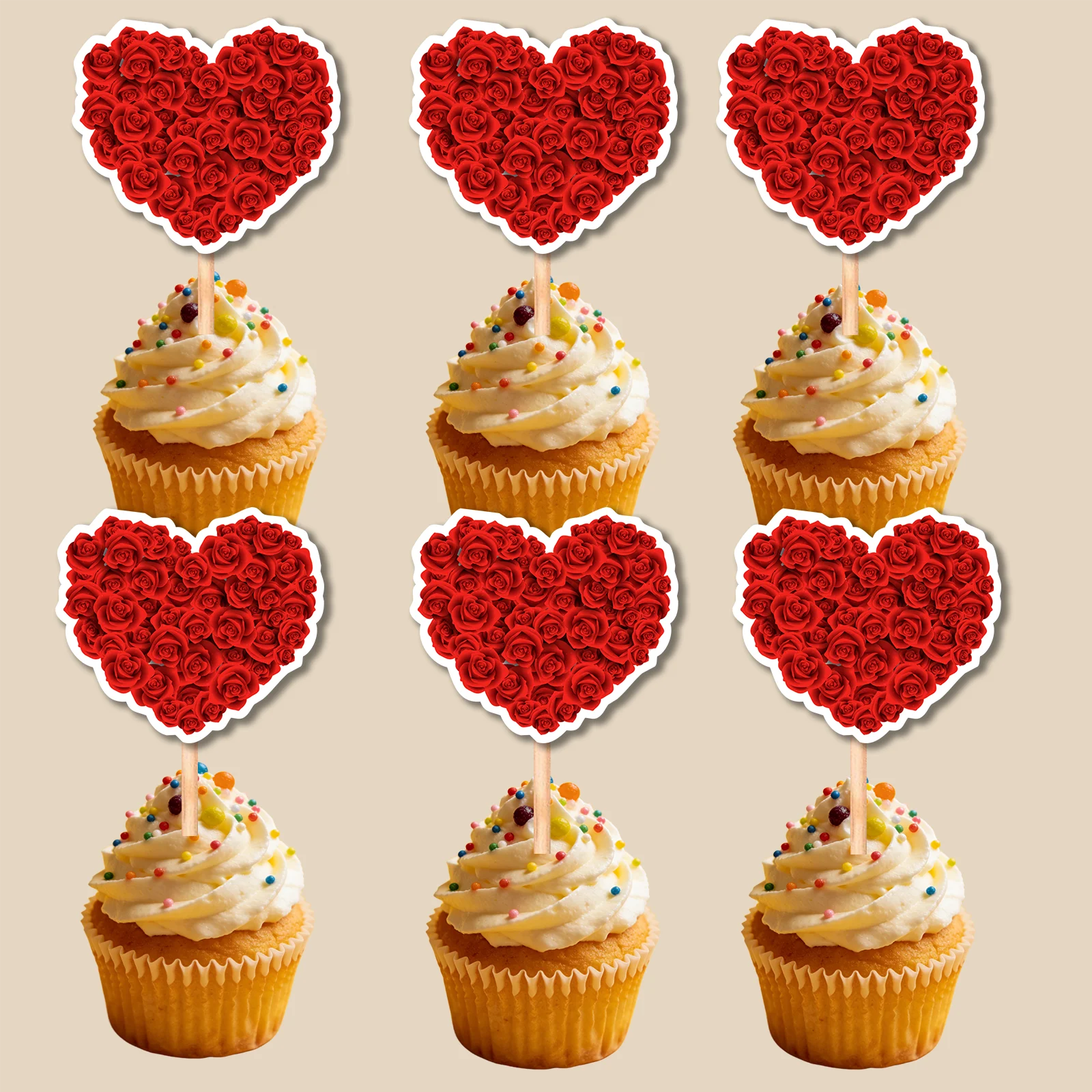 Red Rose Heart Cupcake Toppers, Romantic Love Heart Cake Picks for Valentine's Day Wedding Anniversary Party Dessert Decor