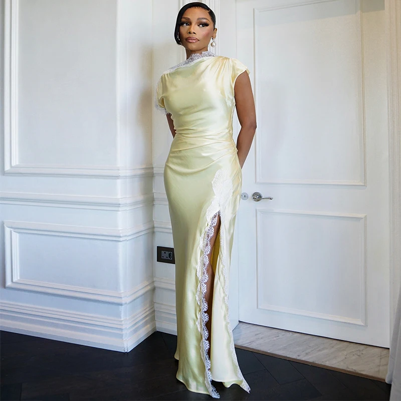 Neues afrikanisches Modekleid für Damen, Spitzen-Patchwork, schmal geschnittenes Cheongsam-Kleid mit Schlitz