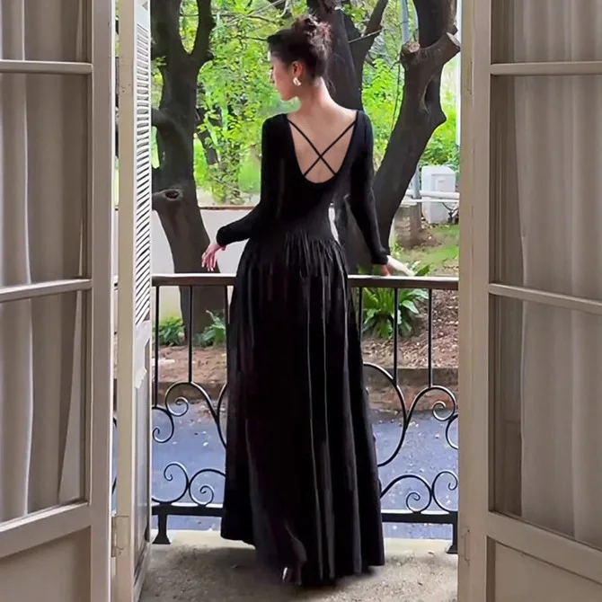 프렌치 빈티지 긴 소매 스퀘어 칼라 드레스 슬림 웨이스트 디자인 가을 신상 우아한 여성 미디 드레스 풀 슬리브