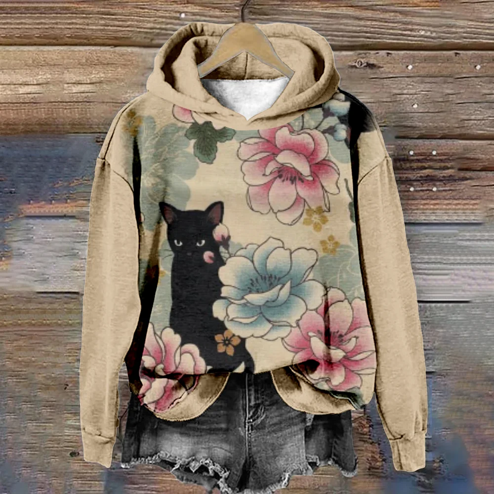 Kawaii Black Cat Hoodie for Women Feral Art Style Pullover Harajuku Vintage Tracksuit Casual Streetwear