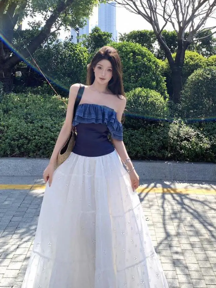

Summer Women Retro Two Piece Set Blue Patchwork Lace Ruffle Edge Off Shoulder Tops And White High Waist Pleated Long Skirt Suits