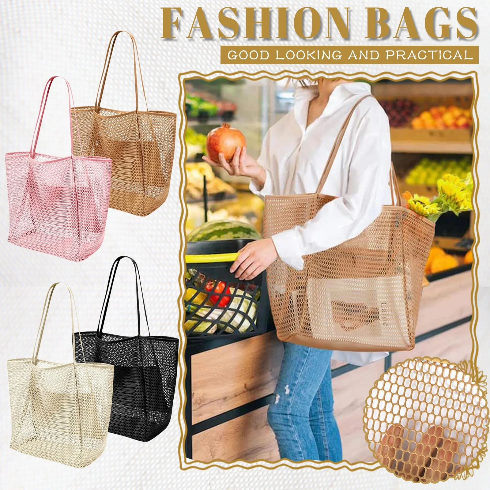 Women\'S Shoulder Bag Shopping Bag Summer Outdoor Travel Bag Folding Beach Bag Mesh Handbag Women\'S Handbag Sac à Mains Femme