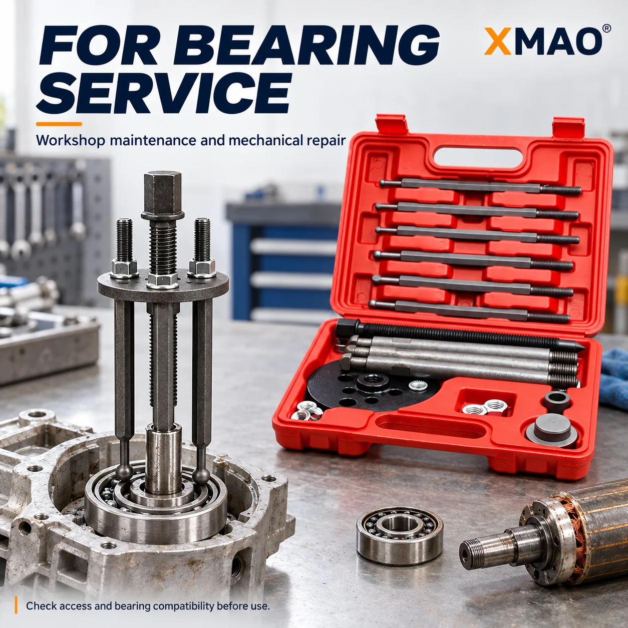 XMAO 6 in 1 Screw Driven Bearing Puller Set with Ball End Rods, Center Forcing Screw and Molded Case for Bearing Service Work