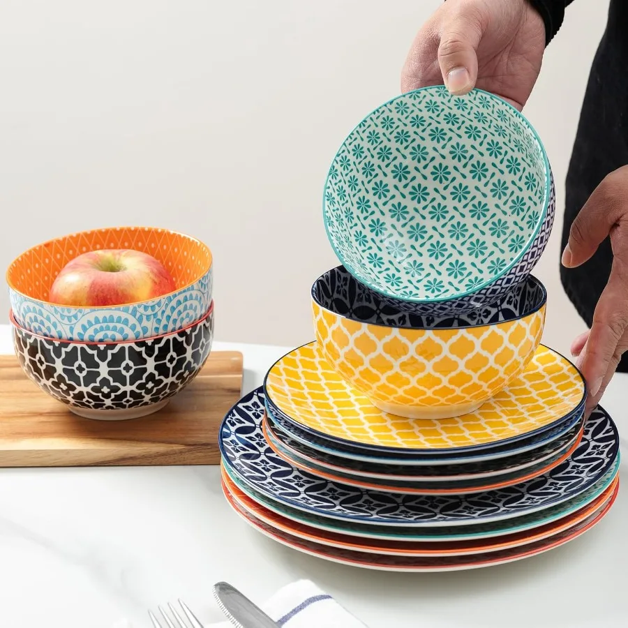 12 peças conjuntos de louça cerâmica porcelana redonda jantar conjunto para 4 microondas e máquina de lavar louça pratos e tigelas conjuntos k