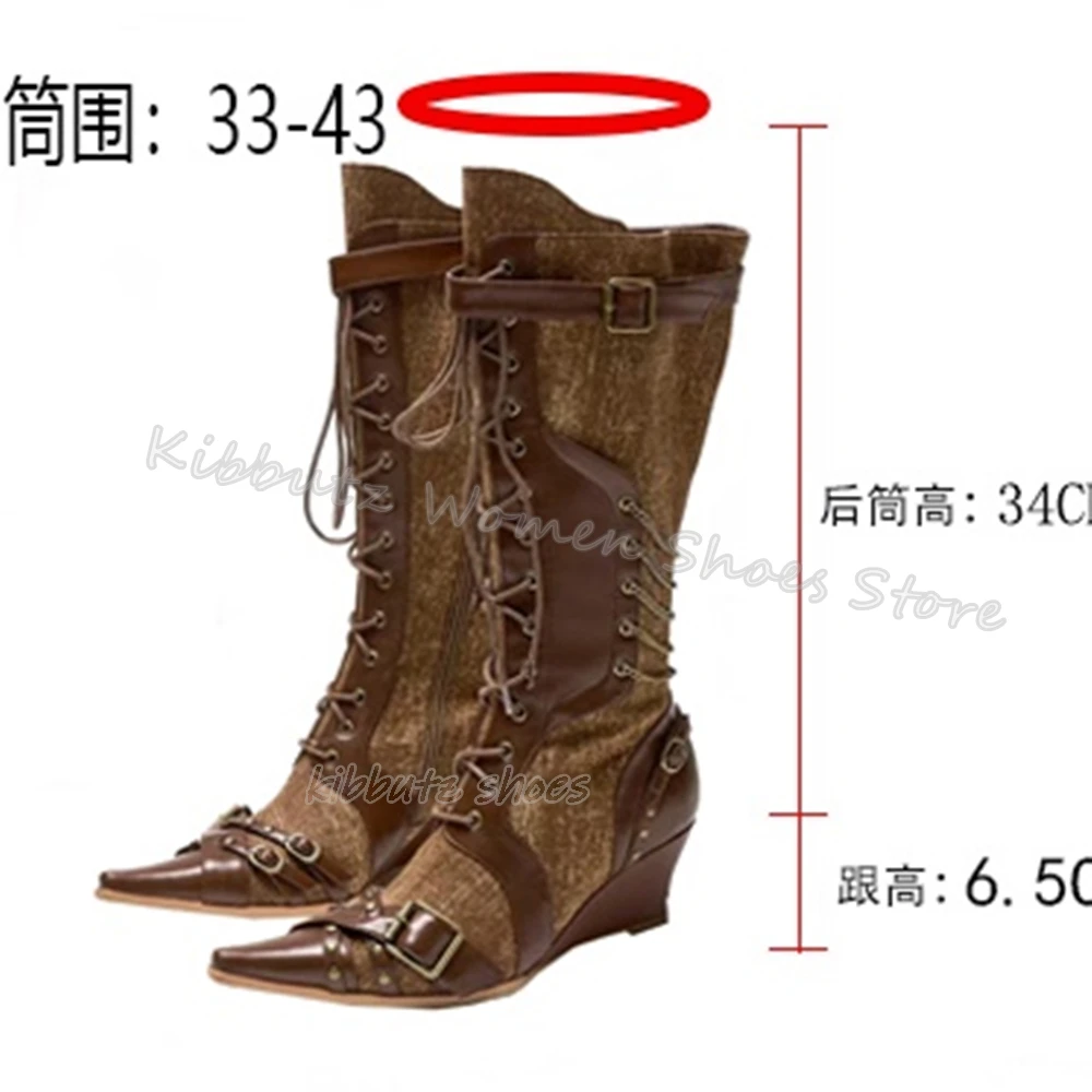 Cowboy Knee High Boot Vintage Lace-Up Genuine Leather Fashion Sexy Concise Sexy Mixed Color Women Shoes New Pointed Toe Wedges