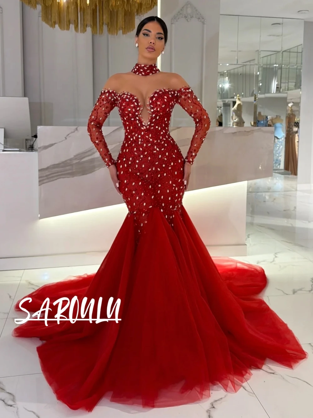 Richly Red Rhinestones Evening Dress Elegant Tulle Mermaid Customized Prom Gown Formal Events Women Delicate Galas Party Wear
