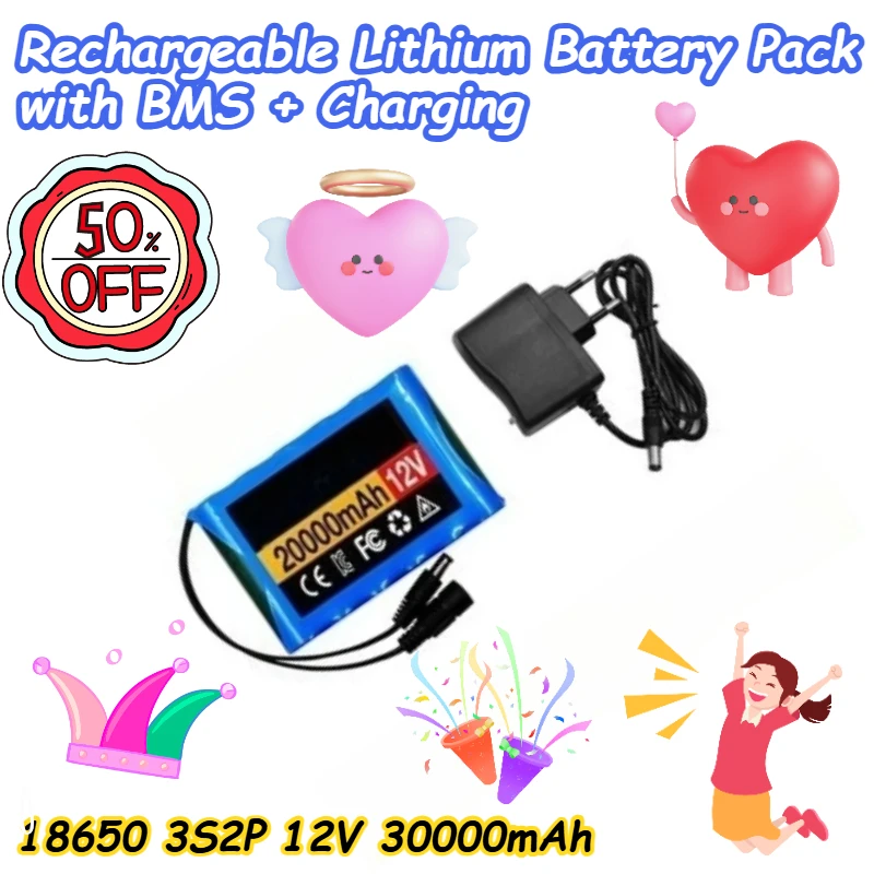 

18650 3S2P 12V 30000mAh Rechargeable Lithium Battery Pack with BMS + Charging