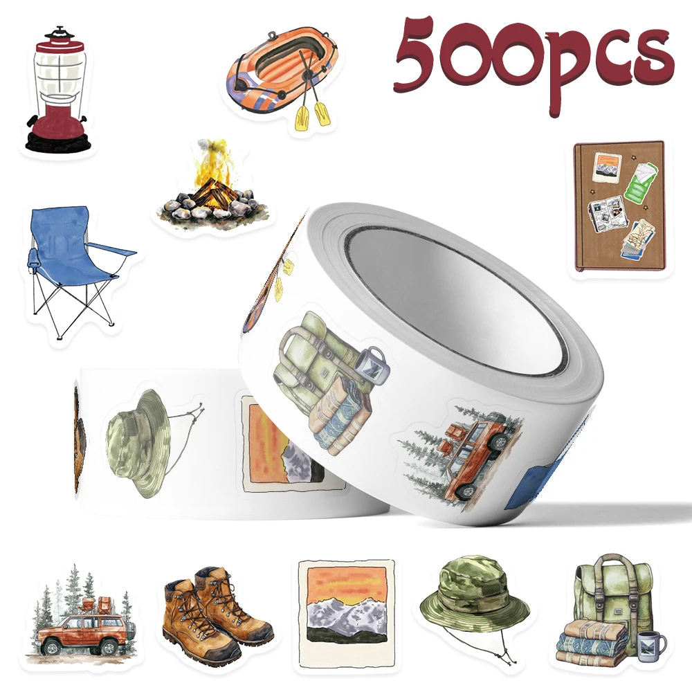

500pcs/roll Funny Outdoor Travel Sealing Stickers Hiking Camping Cartoon Decals Scrapbook Phone Laptop Graffiti Sticker Packing