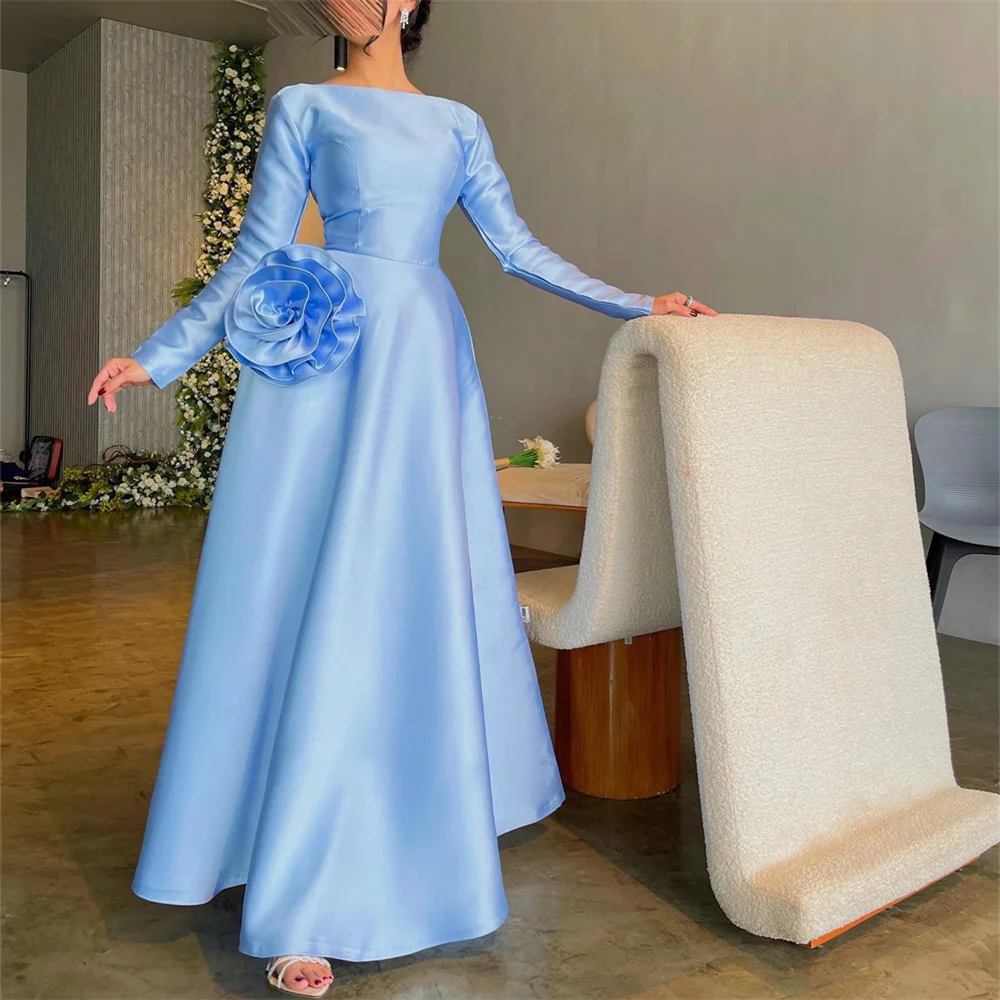 

LUNAFLEYA Blue Flower Classy O Neck Full Sleeve A Line Fashion Long Evening Dress Backless Ankle Length Prom Gown For Woman