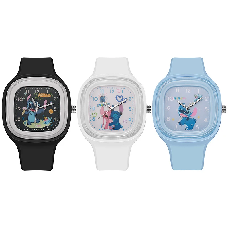 

Детские часы Disney Stitch Cartoon для мальчиков и девочек, квадратный силиконовый ремешок, кварцевые наручные часы, подарок на день рождения