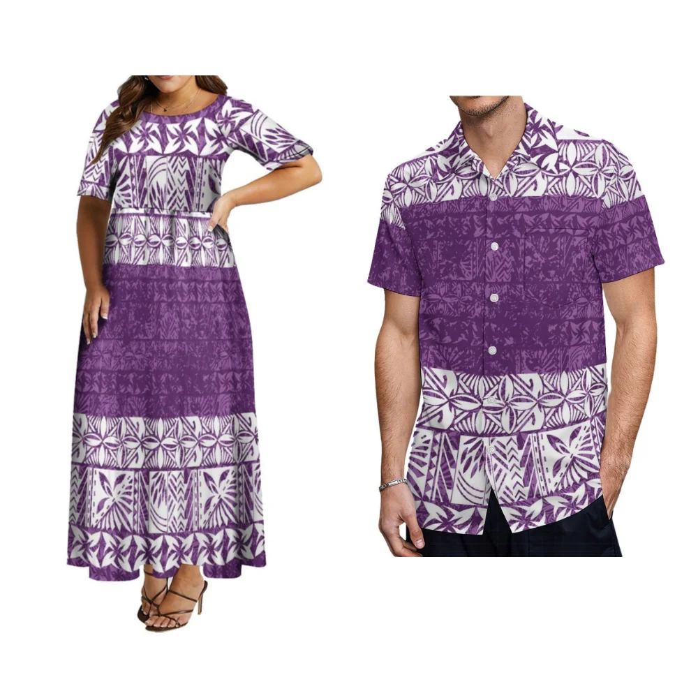 

Polynesian Couple Clothing Patterned Floral Print Women'S Dress Elegant Fluffy Large Skirt Hemline Men'S Shirt Summer Fabric