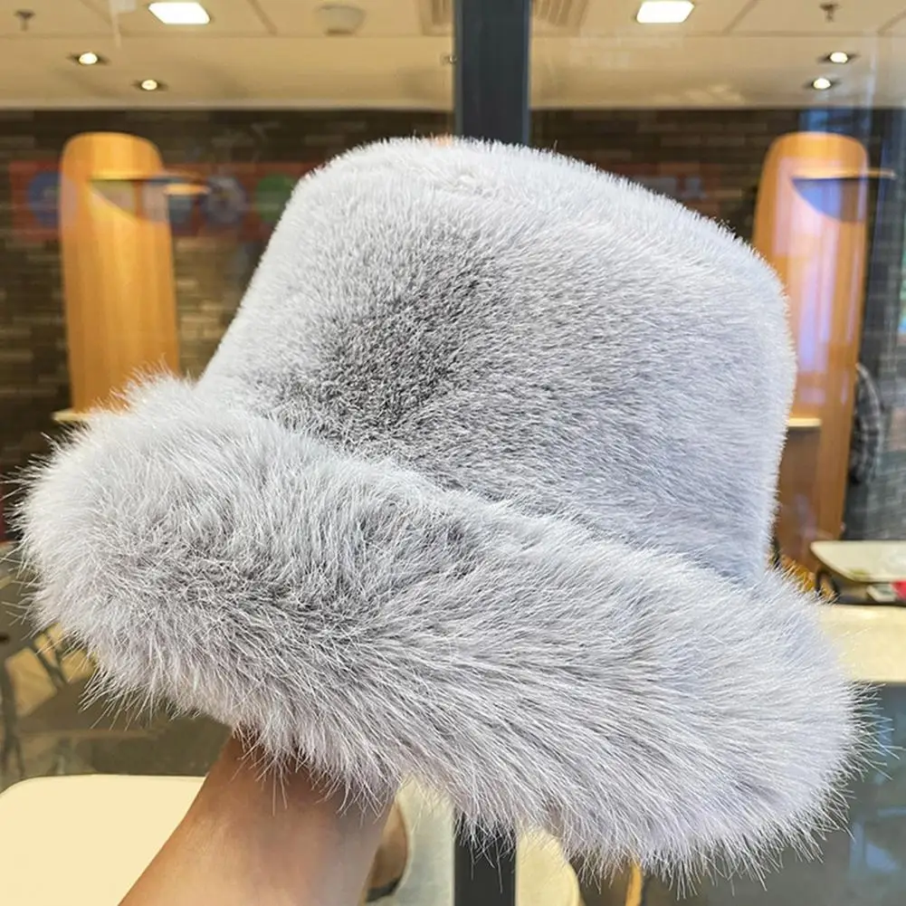 Women Winter Bucket Hat Fuzzy Plush Thickened Windproof Heat Retention Solid Color Dome Faux Fur Fisherman Hat Outdoor Cap