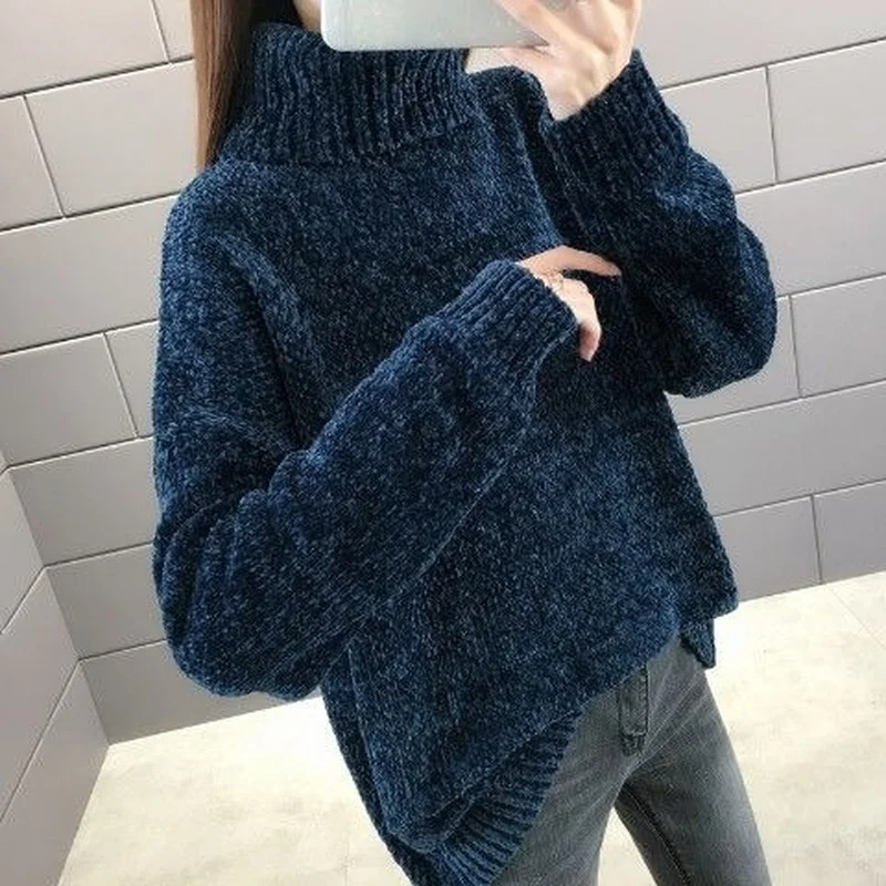 Suéter de cuello alto de chenilla para mujer, Jersey holgado de manga larga, Color sólido, Top de punto, otoño e invierno, 2023