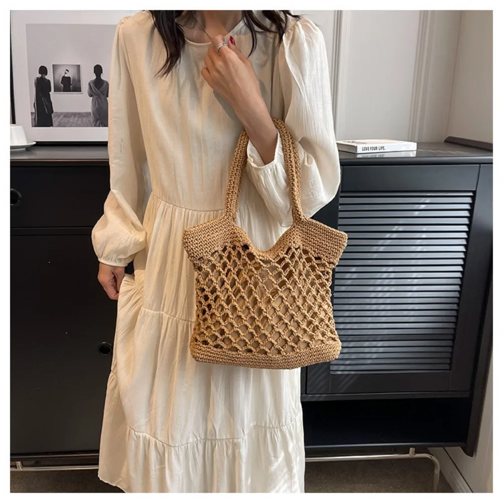 Vintage Bohemian Beach Bag for Women Summer Large Capacity Hollow Handbags Rattan Handmade Kintted Travel Shpping Totes