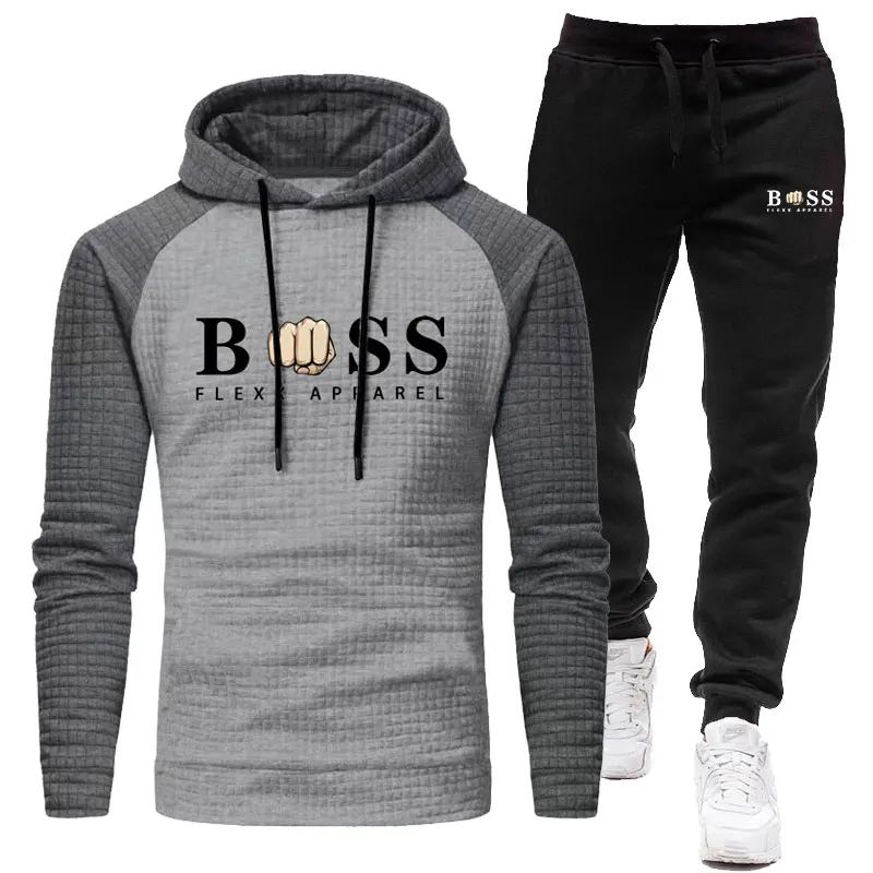 New Men's Suit Spring Autumn New Outdoor Sports Leisure Men's Clothing Color Matching Plaid Jacquard Hoodie + Sweatpants 2 Sets