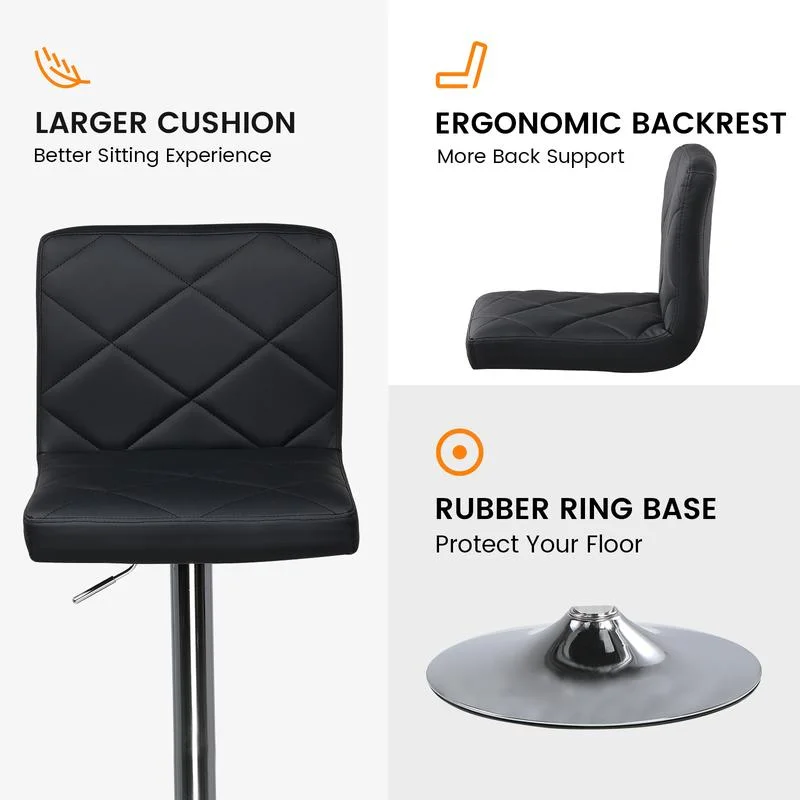 Modern PU Leather Swivel Adjustable Hydraulic Bar Stool With 16.1” Wide Base Square Counter Bar Stool Set of 2, Black