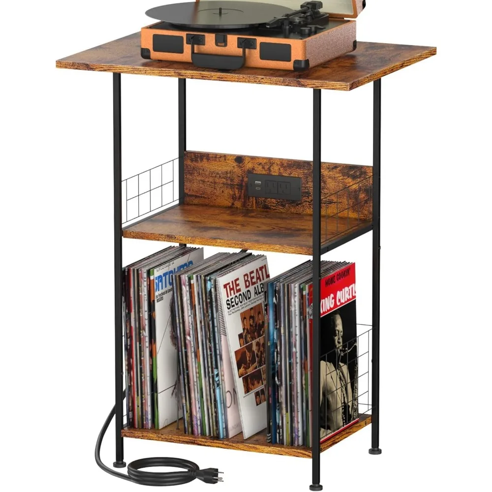 

3-Tier Record Player Stand with Charging Station, Holds 200+ Vinyl Albums, Rustic Brown Side Table for Living Room