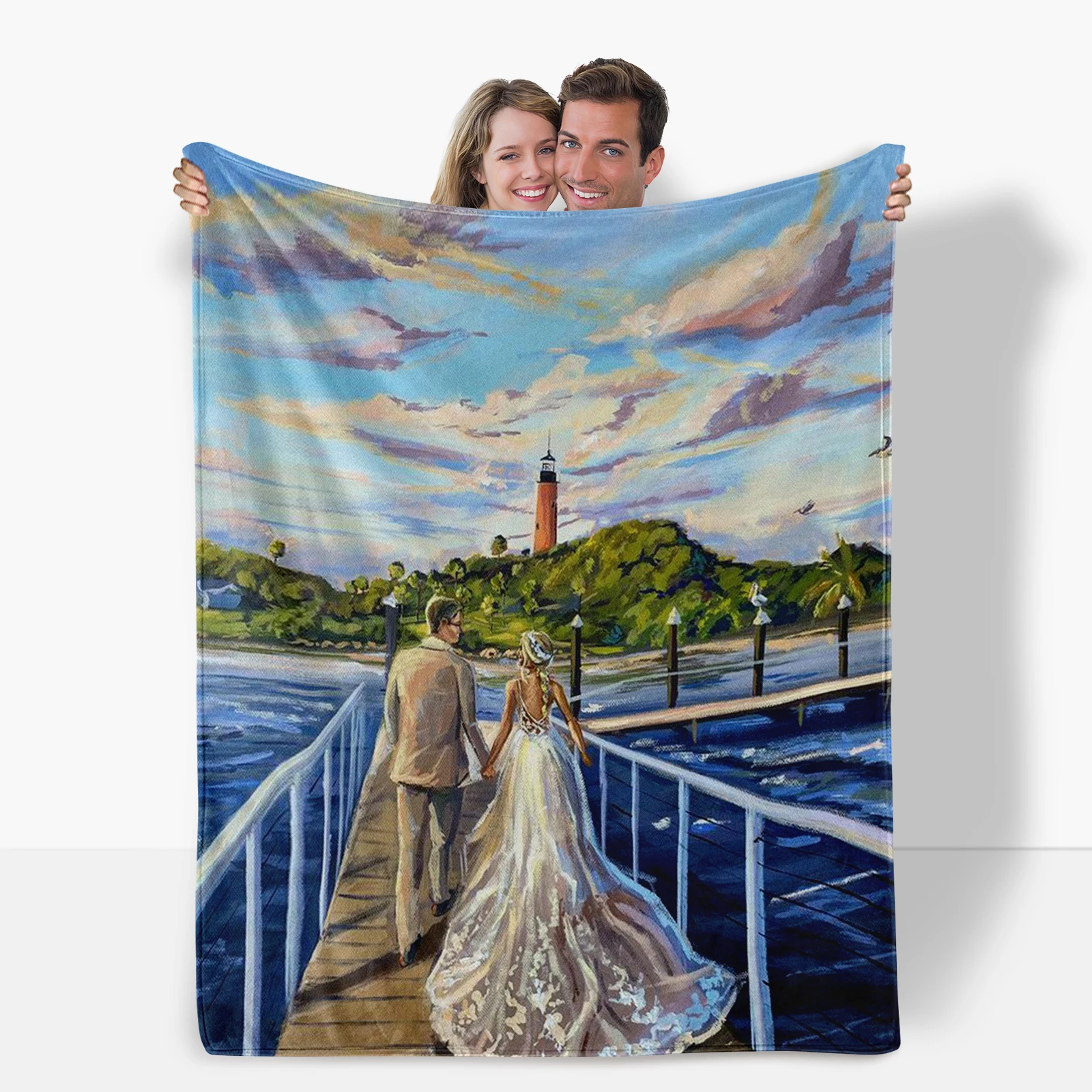 Exquisite Blanket Depicting Newlywed Couple Strolling Near Wooden Pier Lighthouse, A Thoughtful Wedding Gift.