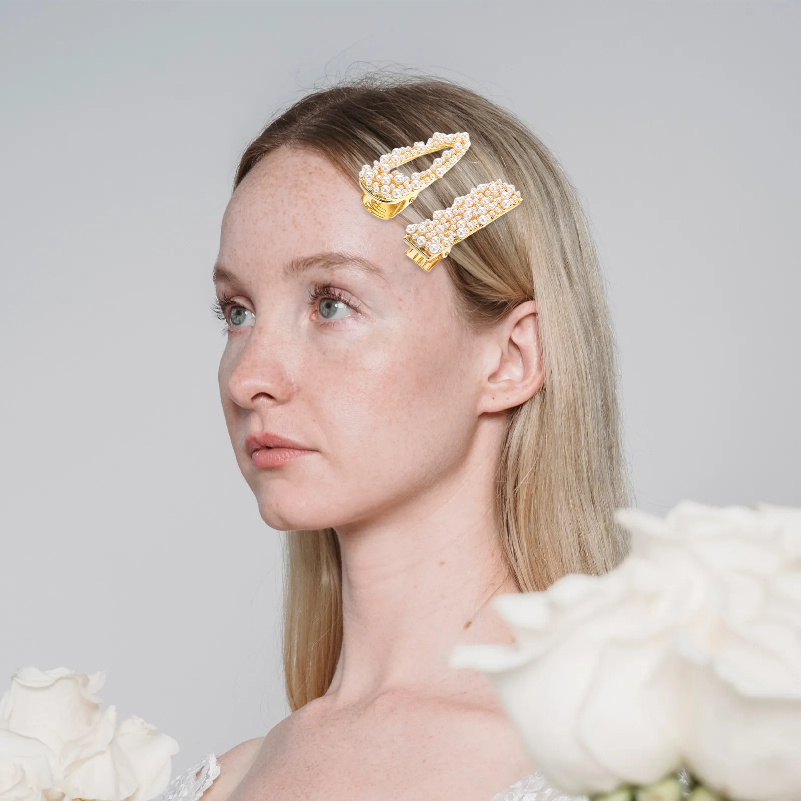 3Pcs Pearl Duck-Billed Hair Clips Elegant Hollow Teardrop Rectangle Slim Design High-Shine Fashion Hairpins for Wedding Party