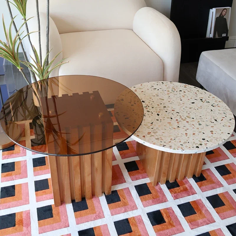 

Solid wood grille coffee table, living room terrazzo rock slab edge table, brown transparent tempered glass coffee table