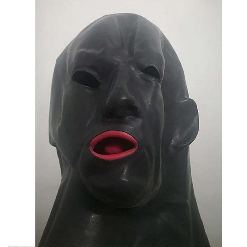 

3D Latex Mask Closed Open Eyes Rubber Hood Fetish with Red Mouth Gag Nose Tube for Men Head Around (58-63cm)