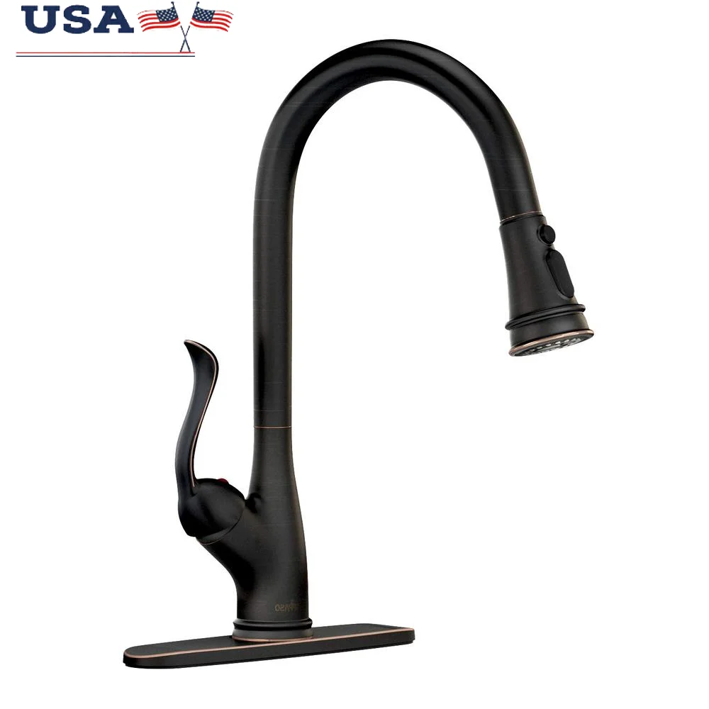 صنبور المطبخ البرونزي ذو القوس العالي بمقبض واحد، رأس رش قابل للسحب للأسفل