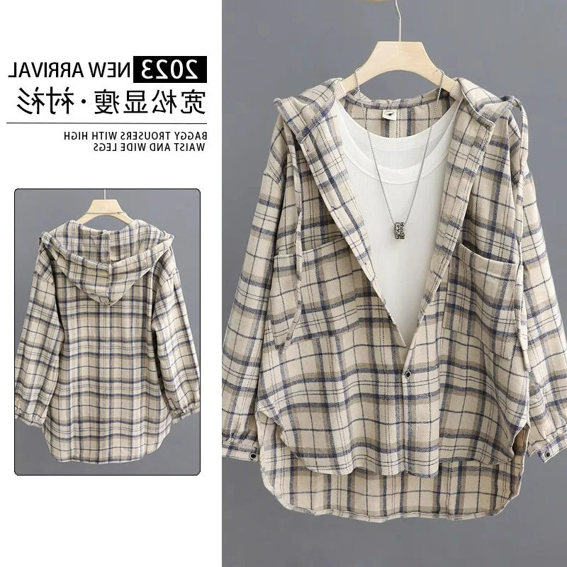 

plus Size Women's Plaid Shirt with Hood Casual Loose Meat Concealing Short Coat Spring Season Korean Style Long Sleeve Cardigan