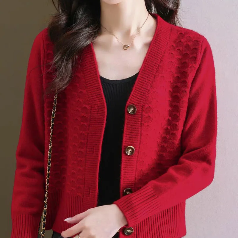 Women Clothing Solid Vintage Loose V-neck Knitted Cardigan Autumn Winter Fashion Elegant Commute V-neck Sweater