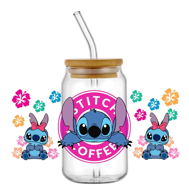 Miniso Stitch 16oz UV DTF Cup Wrap Cartoon Transfers Libbey Wrap Tumbler DIY Logo Sticker Glass Can Selfadhesive Waterproof