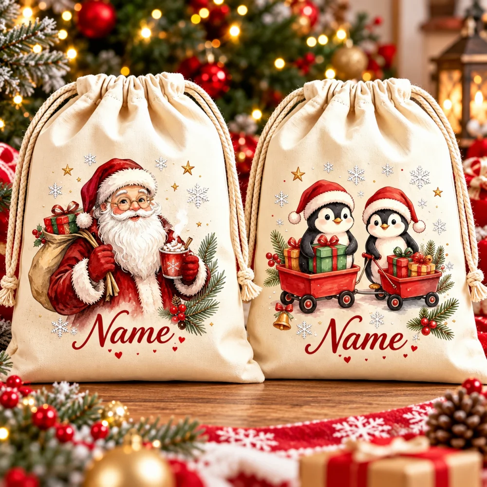 1Pc Custom Name/Text Christmas Imitation Hemp Gift Bag, Xmas Santa Claus Design Drawstring Closure Storage Bags, Party Candy Bag