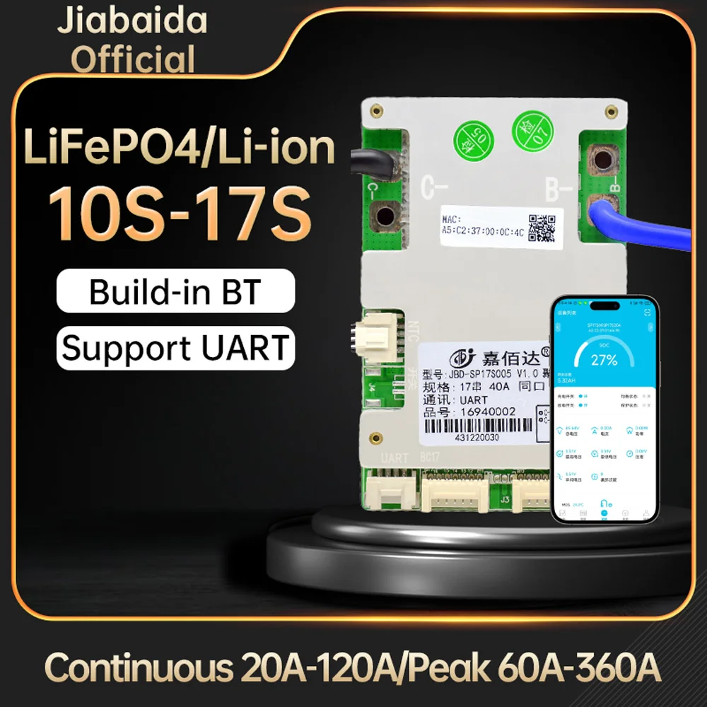 JBD Build-in BT 10S-17S 36V 48V 3.2V LiFePO4 3.7V Li-ion Batteries Packs Smart BMS with UART