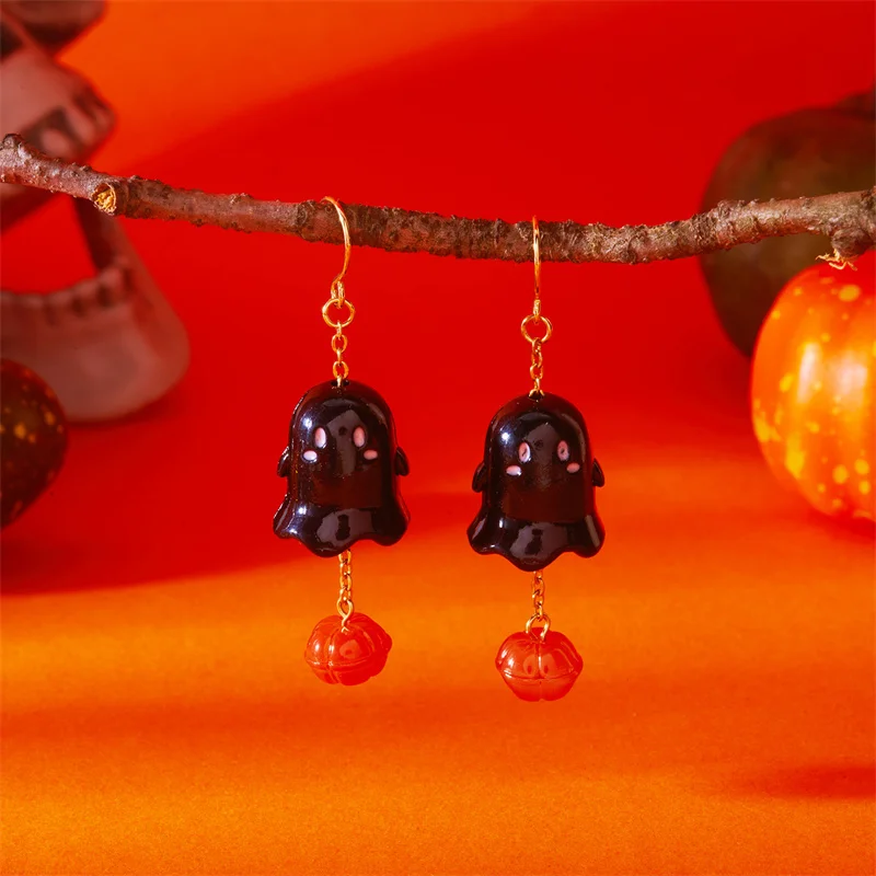 Niedliche Halloween-Harz-Geister-Ohrstecker für Damen, modische Cartoon-Kürbis-Anhänger-Piercing-Ohrringe, Schmuckgeschenke – Detail 34