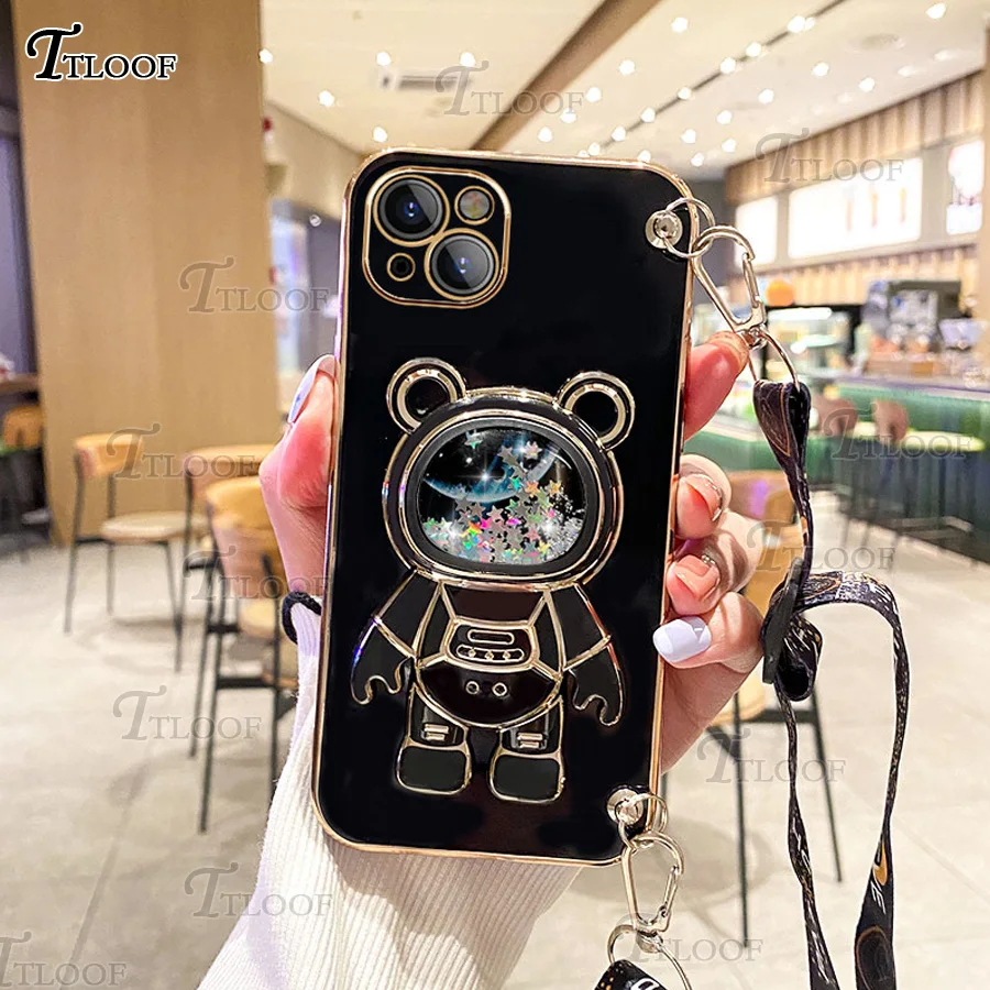 Quicksand Space Bear Folding Stand Crossbody Lanyard Case For Samsung Galaxy S23 S22 S21 Ultra S20 FE S10 Note 20 10 Plus Cover