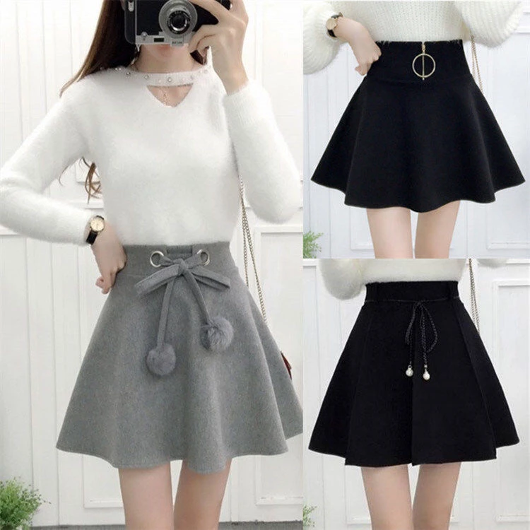 Autumn and Winter New Anti glare Thickened Wool Skirt High Waist Girls' Sewn Skirt Half length Skirt Large Women's A-line Short