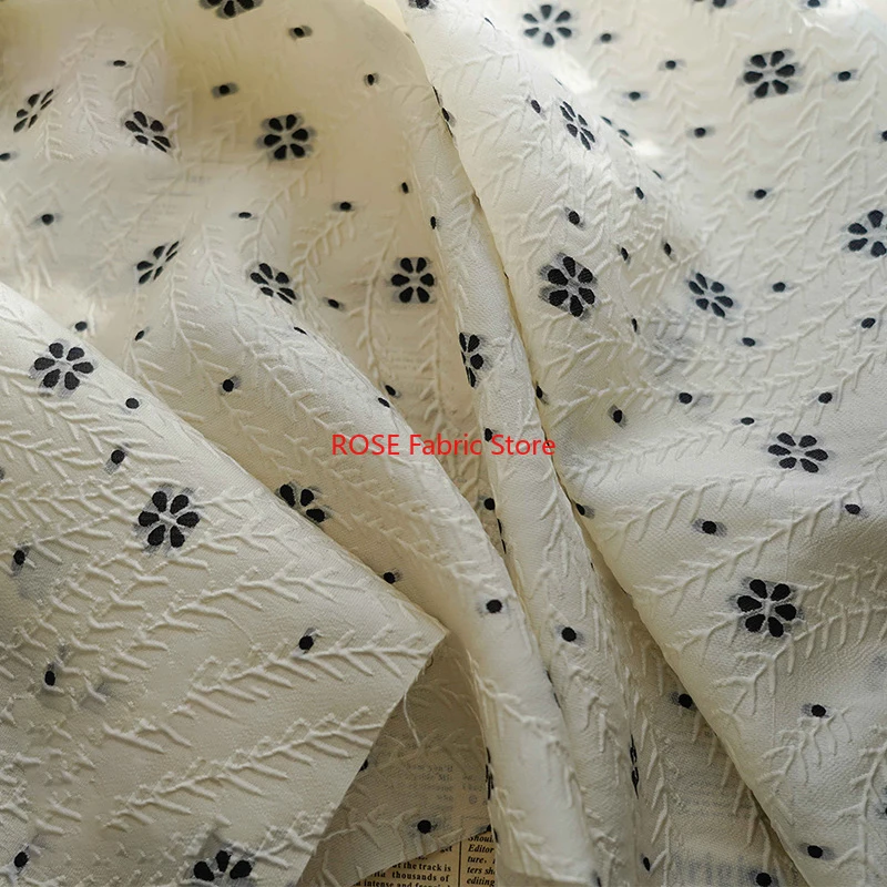 1 meter Beige Small Black Floral Jacquard Yarn Dyed Fabric Spring and Summer Women's Dress Decorative Fabric