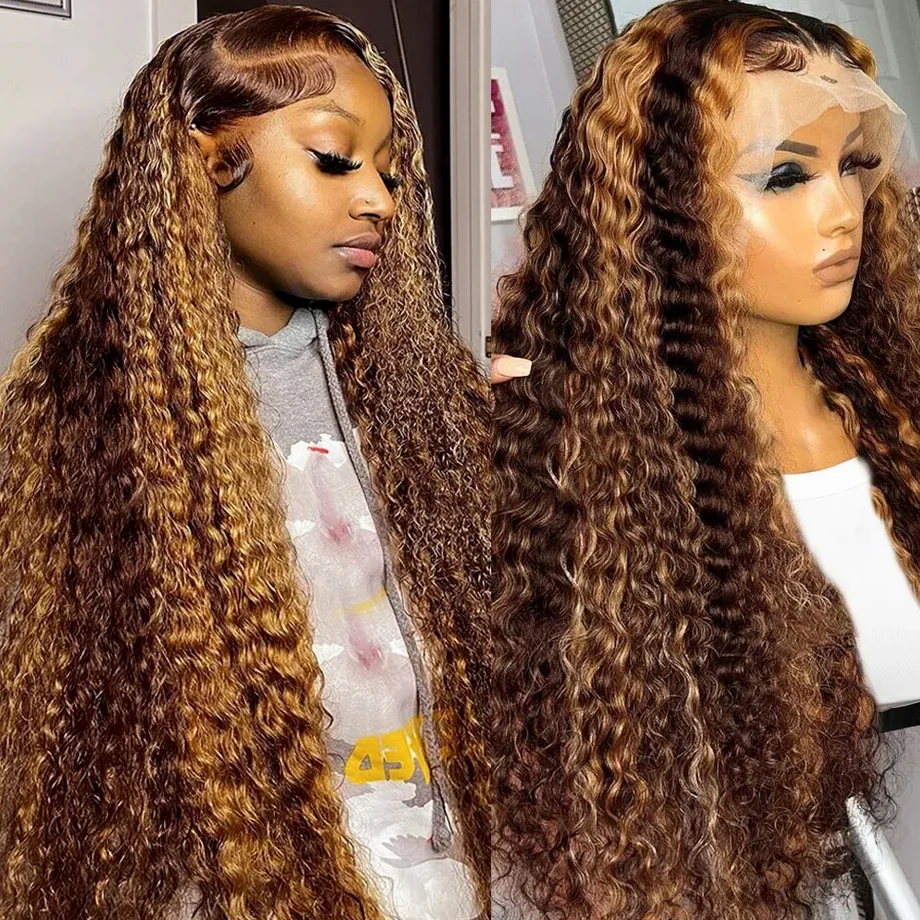 Melodie Glueless 13x4 Lace Frontal Wig Highlight Ombre Brown Deep Wave HD 13x6 Lace Front Human Hair Wigs Curly PrePlucked