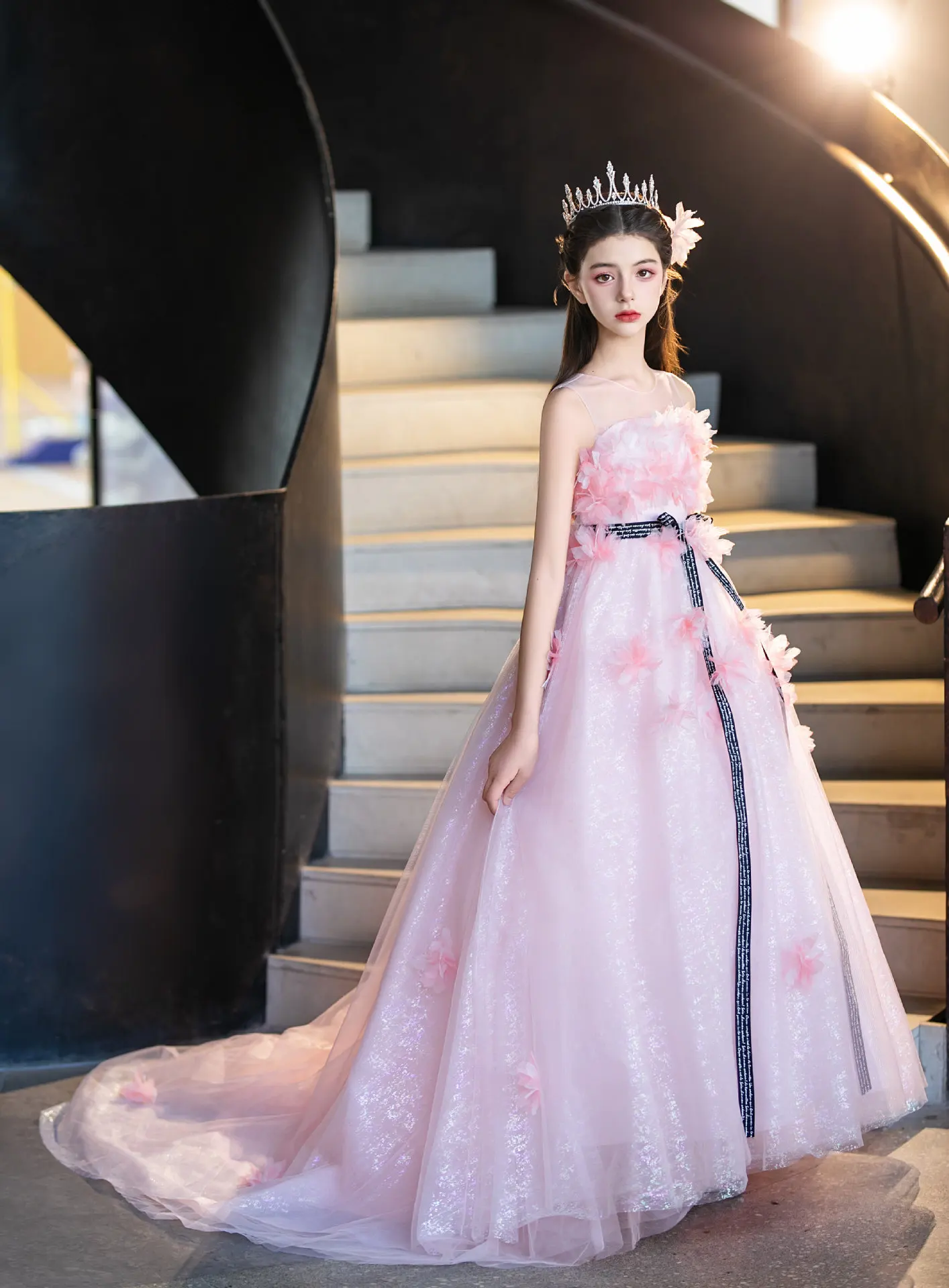 custom-sleeveless-3d-flower-sequin-tulle-train-luxury-dress-women-wedding-guest-gown-kids-birthday-party-outfit-for-pageant